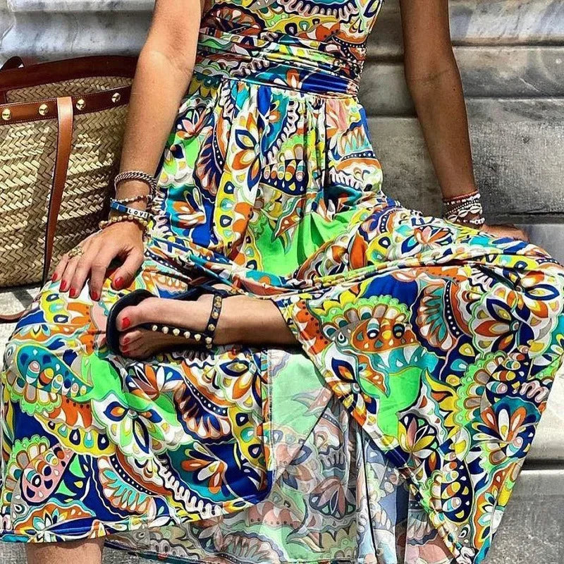 FD293 Abbigliamento Femminile 2022, Vestito Lungo Bohémien Stampato con Spalla Singola, Abiti Lunghi alla Moda per Donne