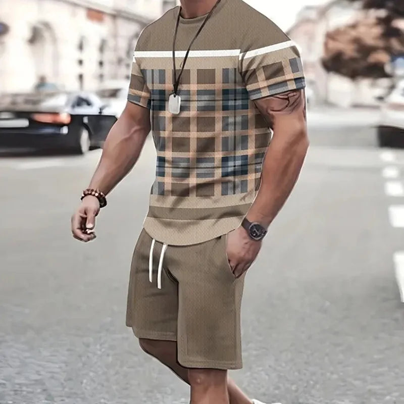 2025 Moda Uomo Abbigliamento sportivo Manica corta Set T-shirt e pantaloncini sportivi Estate Casual Vintage Patchwork Abito da uomo in 2 pezzi