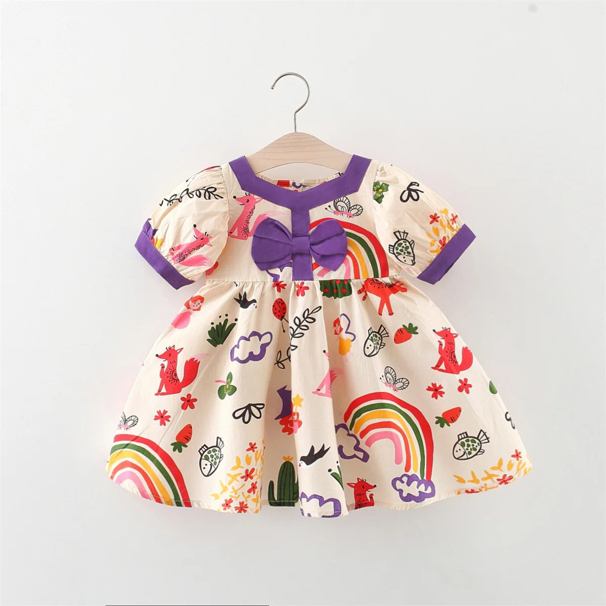 Abito da ragazza di 0-3 anni, decorazione estiva con fiocco con stampa animalier arcobaleno a cartoni animati, gonna ampia a maniche corte
