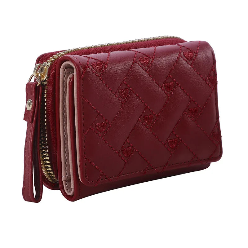 Portafoglio da donna per pelle PU moda ricamato amore tri-fold piccolo portafoglio porta carte portamonete multi-slot per carte interno rosa