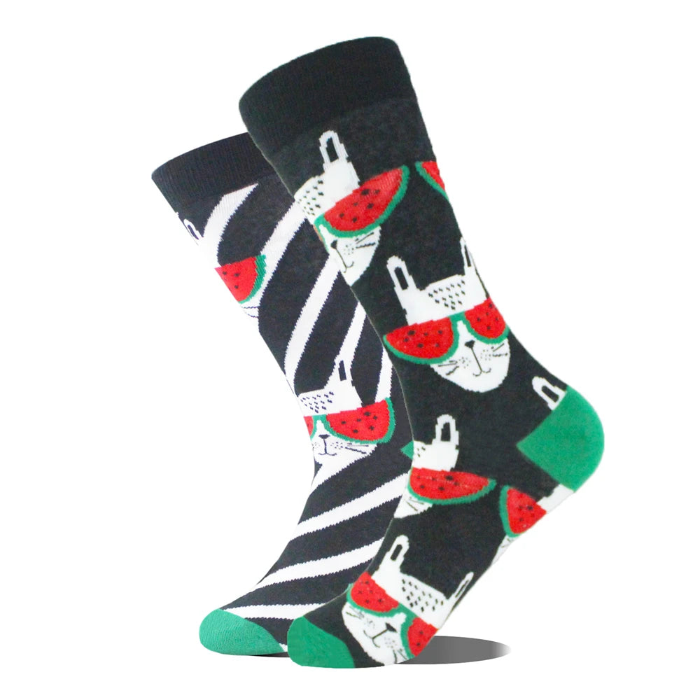 1 Pair Combed Cotton Socks Men Novelty AB Asymmetry Funny Skateboard Men's Mid Length Animal Print Socks Harajuku Happy Socks