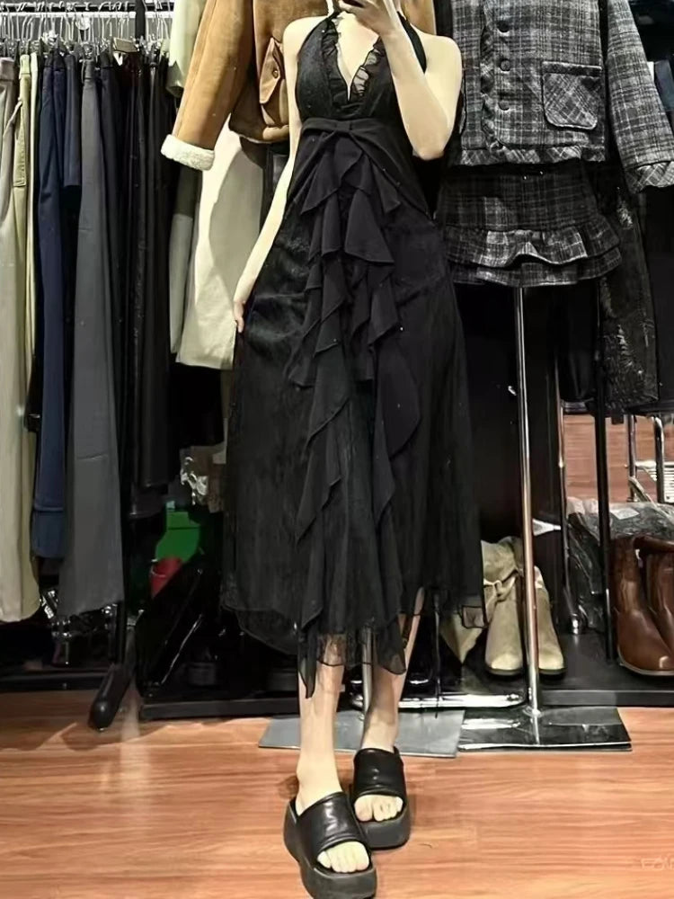 Abito senza maniche con scollo a barchetta vintage francese da donna gotico Y2k con scollo a V abiti estivi neri High Street Chic abbigliamento attillato