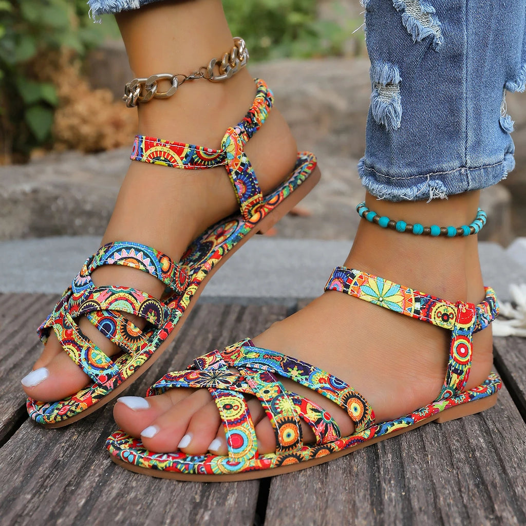 Sandali da donna Scarpe da esterno estive Sandali piatti stile Boemia Donna Taglie forti Scarpe da gladiatore retrò Donna Zapatos De Mujer