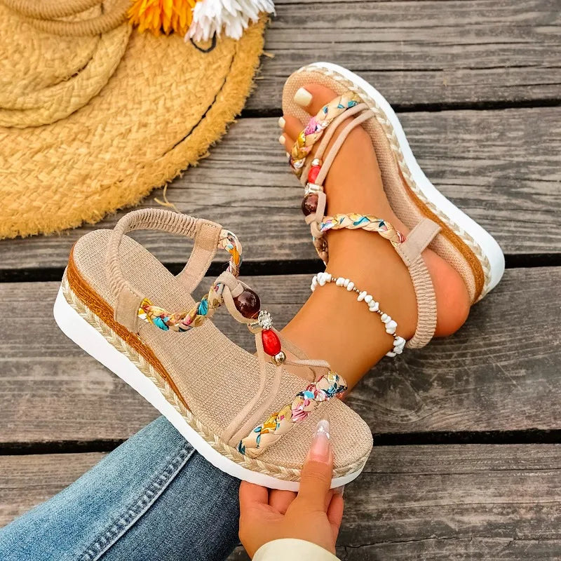 Sandali con plateau con cinturino a T alla moda per donna Nuovi sandali con zeppa con fascia elastica di colore misto Donna Sandali estivi con punta aperta quotidiana Donna