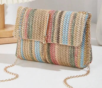 Borsa da donna in paglia lavorata a maglia in rattan a righe multicolori con borsa a catena Borse a tracolla da donna Borsa con patta dal design da viaggio