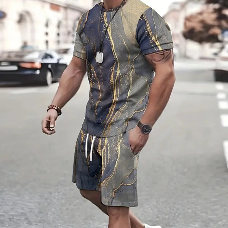 2024 Estate Outdoor Sportswear Uomo Patchwork Stampato Pantaloncini a maniche corte Moda casual Due set Sudore assorbente e confortevole
