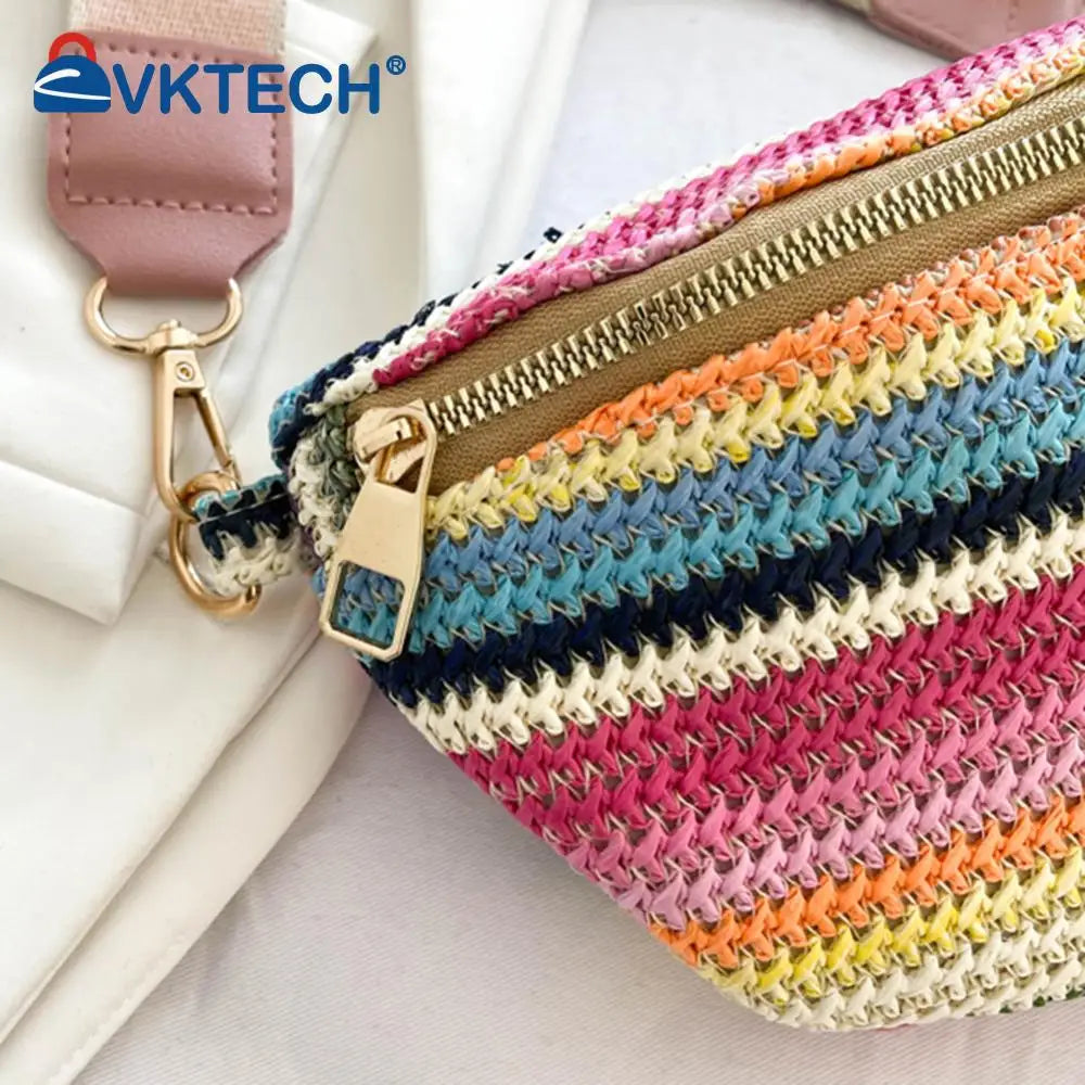 Marsupio a righe arcobaleno, marsupio in paglia intrecciata alla moda, con tracolla regolabile, semplice, portatile, colorato, per vacanze e weekend