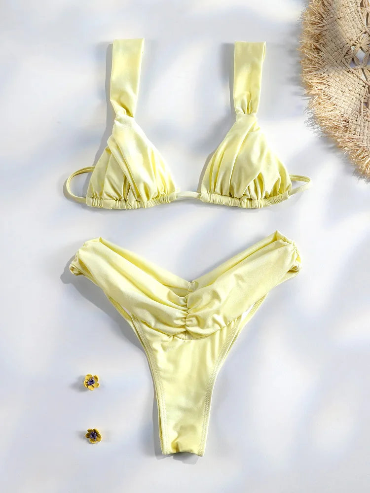 Costume da bagno bikini con pieghe sexy Micro bikini solido Costume da bagno donna Triangolo femminile Costume da bagno da spiaggia