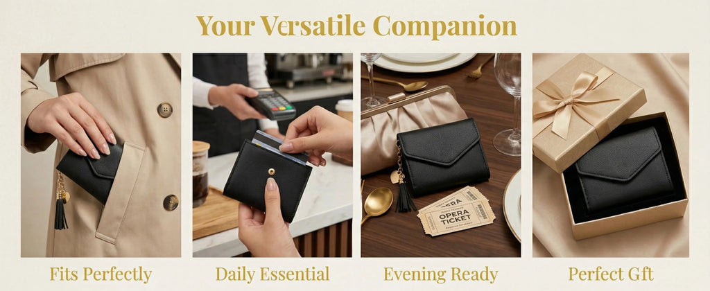 Portafoglio Corto da Donna a Tre Ante con Ciondolo a Nappa in Pelle PU, Porta Monete e Scomparti Multipli per Carte, Mini Pochette Sottile Femminile Porta Carte