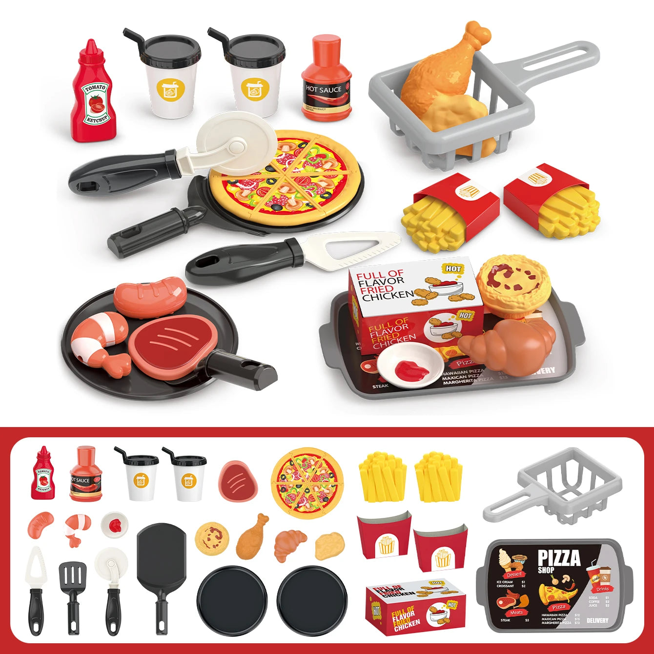 Giochi per bambini: giochi di finzione, barbecue, fast food, pizza, sushi, tè pomeridiano, dessert, cibo da cucina, set di giocattoli