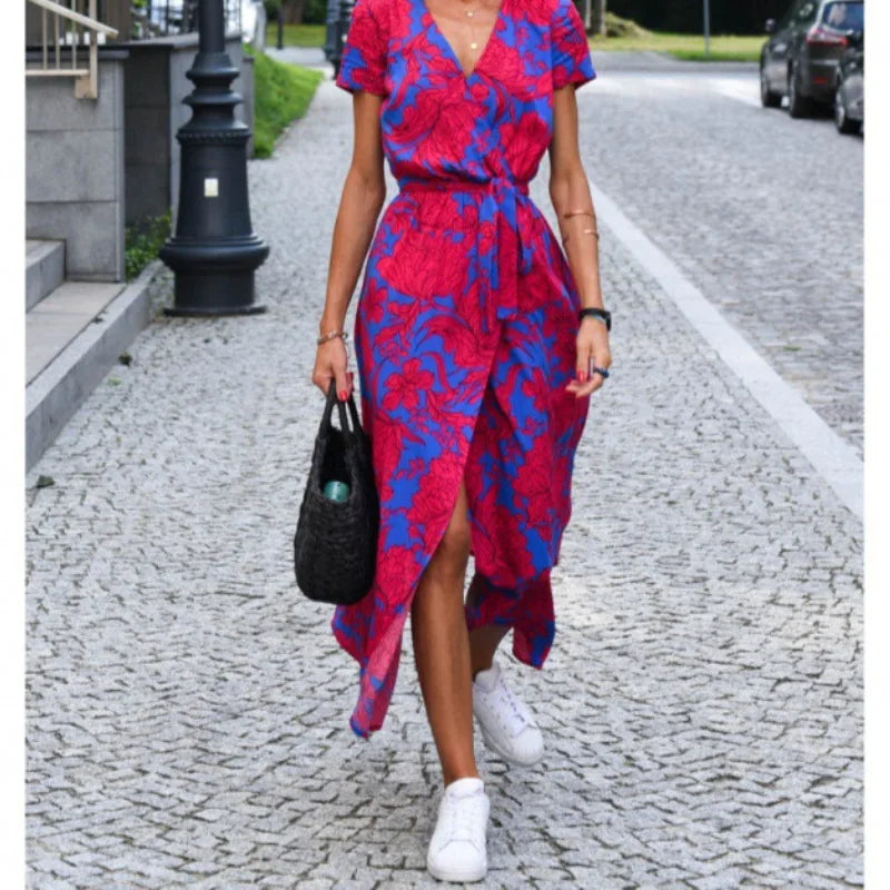Abito Midi Stampato alla Moda con Spacco, Scollo a V, Maniche Corte, Vita Alta, Gonna a Trapezio, Stile Street, in Poliestere e Spandex, da Donna