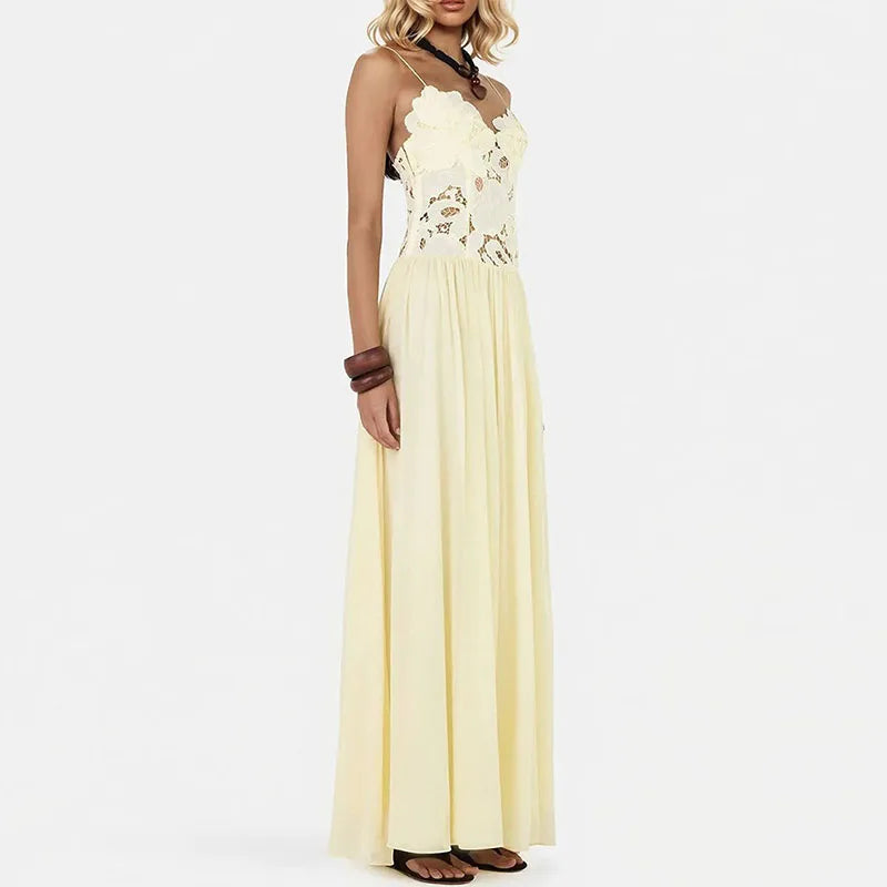 Abito Lungo Estivo Casual in Chiffon con Bretelle, Scollo a V Profondo, Senza Maniche, con Inserti in Pizzo, per Spiaggia e Feste, Primavera Estate
