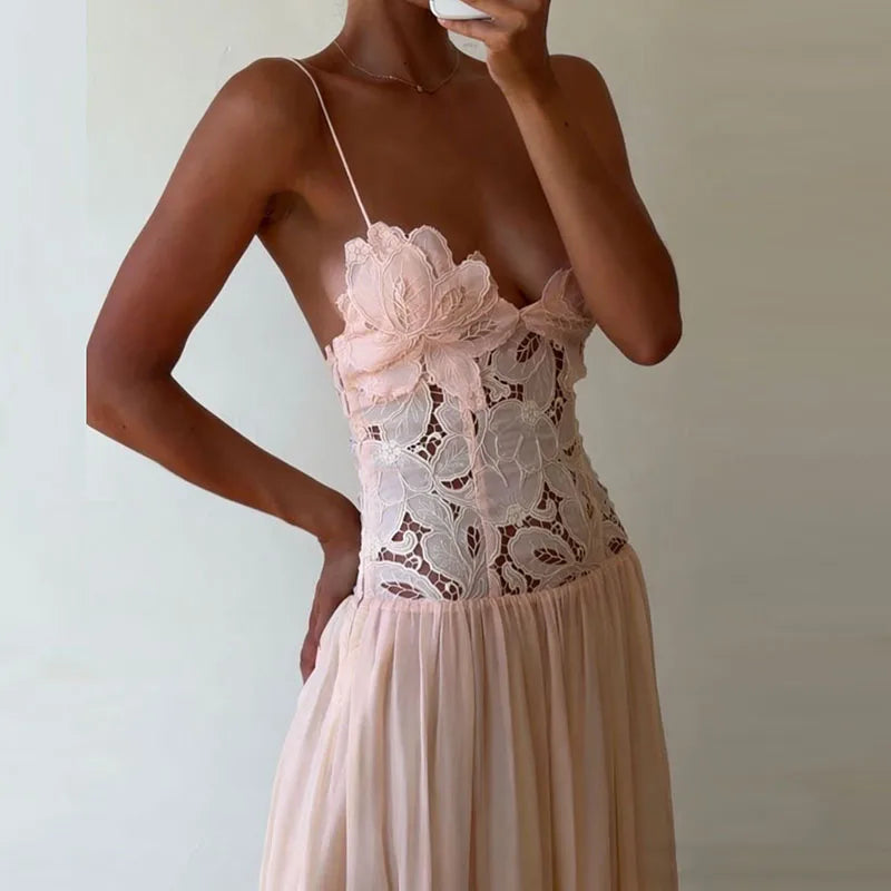 Abito Lungo Estivo Casual in Chiffon con Bretelle, Scollo a V Profondo, Senza Maniche, con Inserti in Pizzo, per Spiaggia e Feste, Primavera Estate
