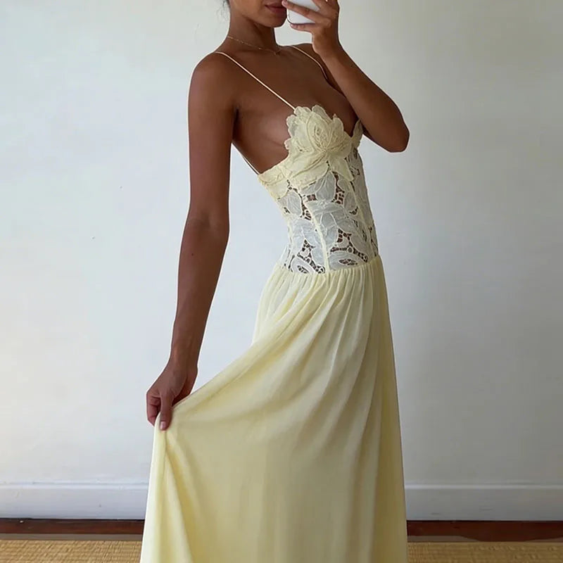 Abito Lungo Estivo Casual in Chiffon con Bretelle, Scollo a V Profondo, Senza Maniche, con Inserti in Pizzo, per Spiaggia e Feste, Primavera Estate