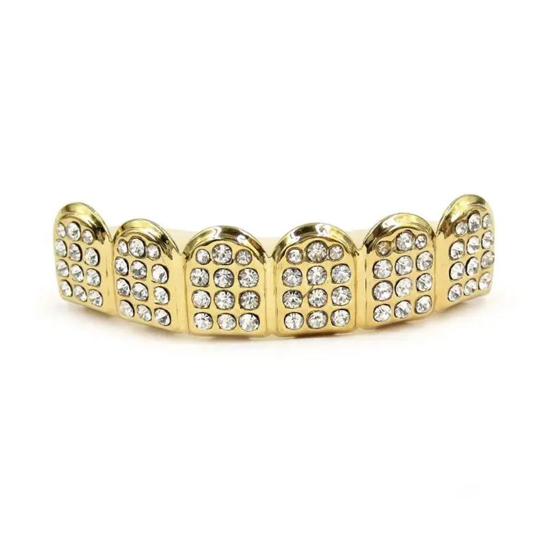 Bretelle per denti HIPHOP alla moda Denti in oro/argento Parte superiore e inferiore con diamanti Griglia superiore e inferiore Bling Gioielli per uomo Donna