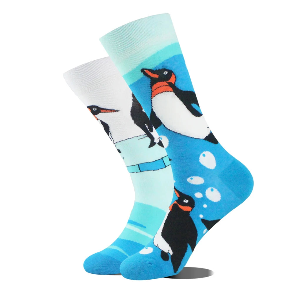 1 Pair Combed Cotton Socks Men Novelty AB Asymmetry Funny Skateboard Men's Mid Length Animal Print Socks Harajuku Happy Socks