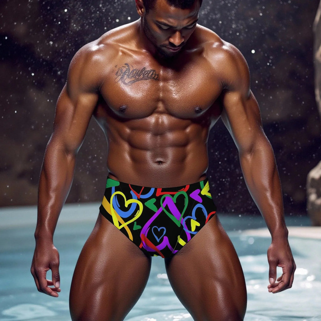 Costume da bagno da uomo con stampa graffiti a cuore arcobaleno, tocco vivace e audace, comodo, delicato sulla pelle, slip traspiranti ad asciugatura rapida