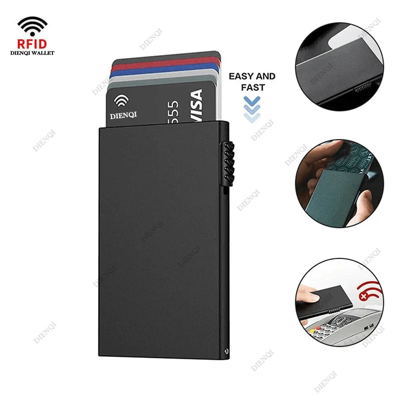 Portafoglio intelligente Rfid Porta carte di credito Portafogli da donna sottili e sottili in metallo Portafoglio minimalista pop-up Piccola borsa nera Vallet in metallo