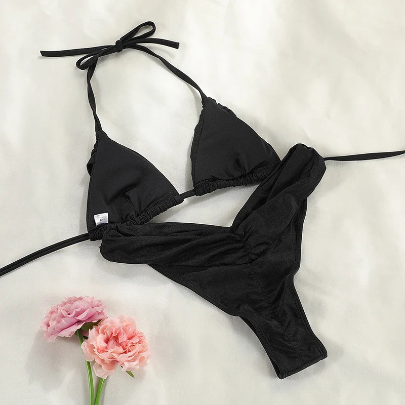 Costume da bagno bikini con pieghe sexy Micro bikini solido Costume da bagno donna Triangolo femminile Costume da bagno da spiaggia