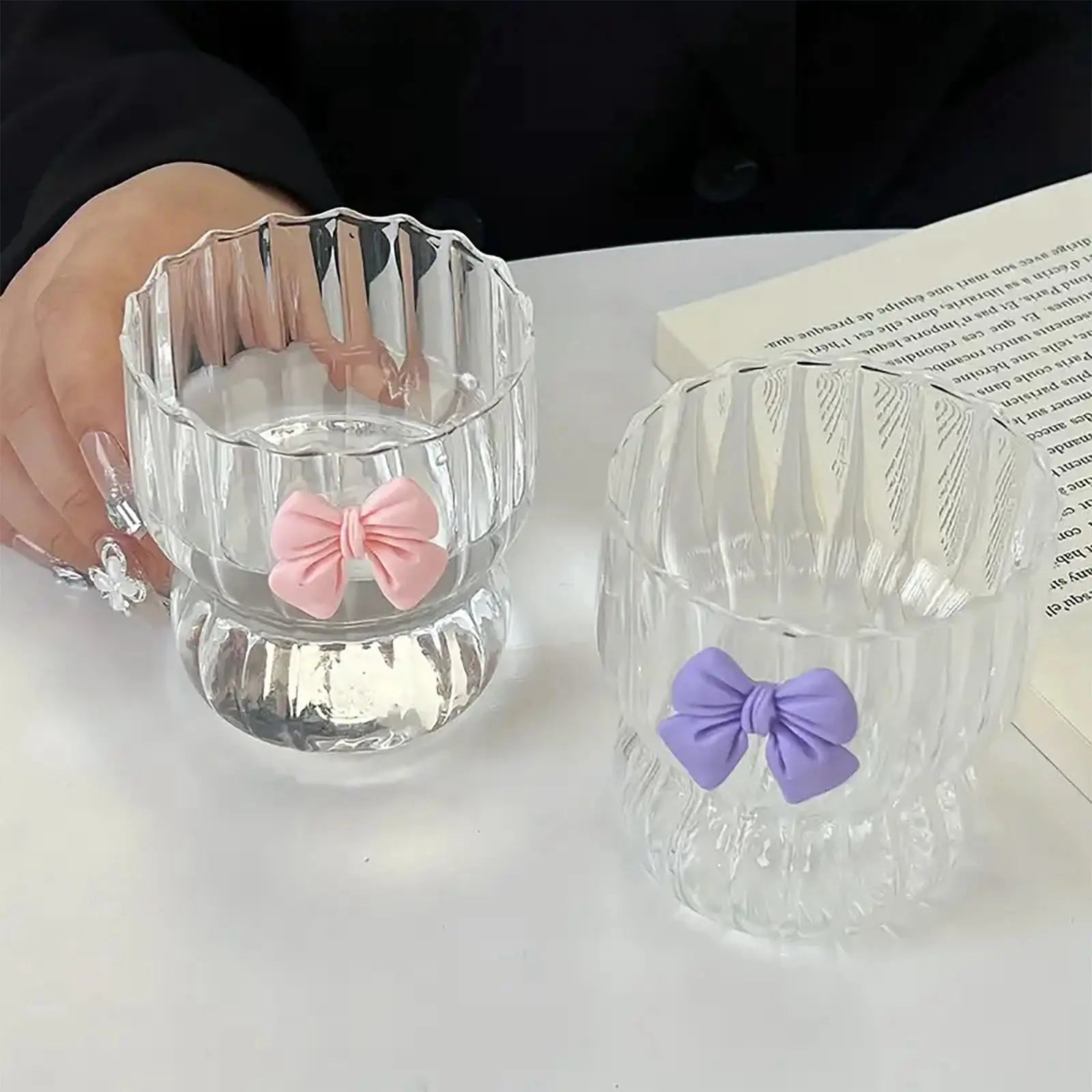 1 pz carino fiocco tazza di vetro tazze di acqua a strisce trasparenti tazza di caffè d'acqua a strisce per birra bevande al latte cocktail acqua potabile strumento