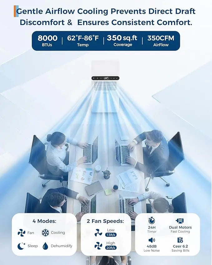 Condizionatore d'Aria Portatile da 8000 BTU, Silenzioso 3-in-1 per Interni con Funzioni di Raffreddamento, Deumidificazione, Timer 24H, Kit Completo per Finestre