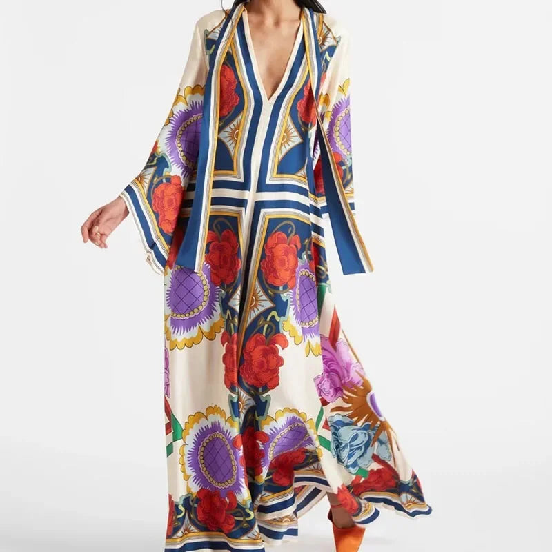 Elegante Abito Lungo a Maniche Lunghe per Feste, Vestito Vintage con Stampa Floreale, Abito Bohémien da Donna con Collo Alto e Vita Alta