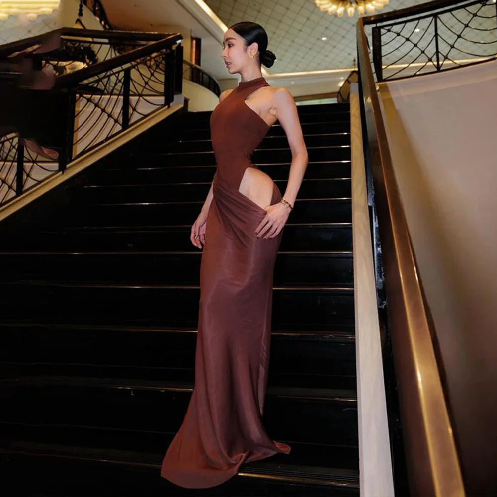 JULISSA MO Abito lungo da donna sexy scollato in raso Abito lungo nero senza maniche a vita alta Donna Autunno Skinny Elegante Party Clubwear