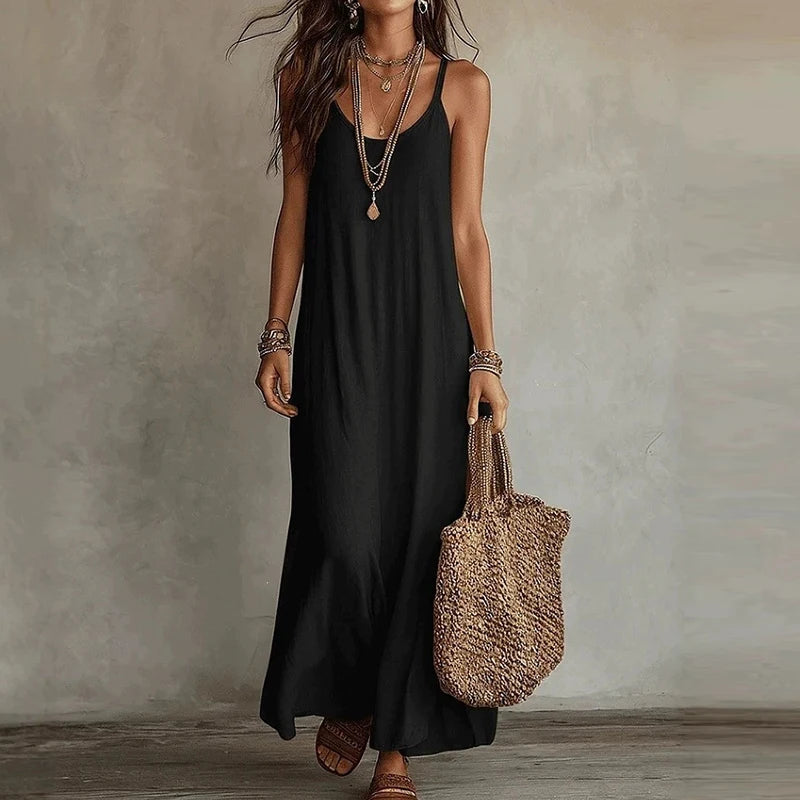 Nuovo Arrivo: Abito Lungo Senza Spalline da Donna, Vestito Casual con Collo a O Senza Maniche, Abito Ampio da Spiaggia e Vacanza, Vestito Lungo Boho