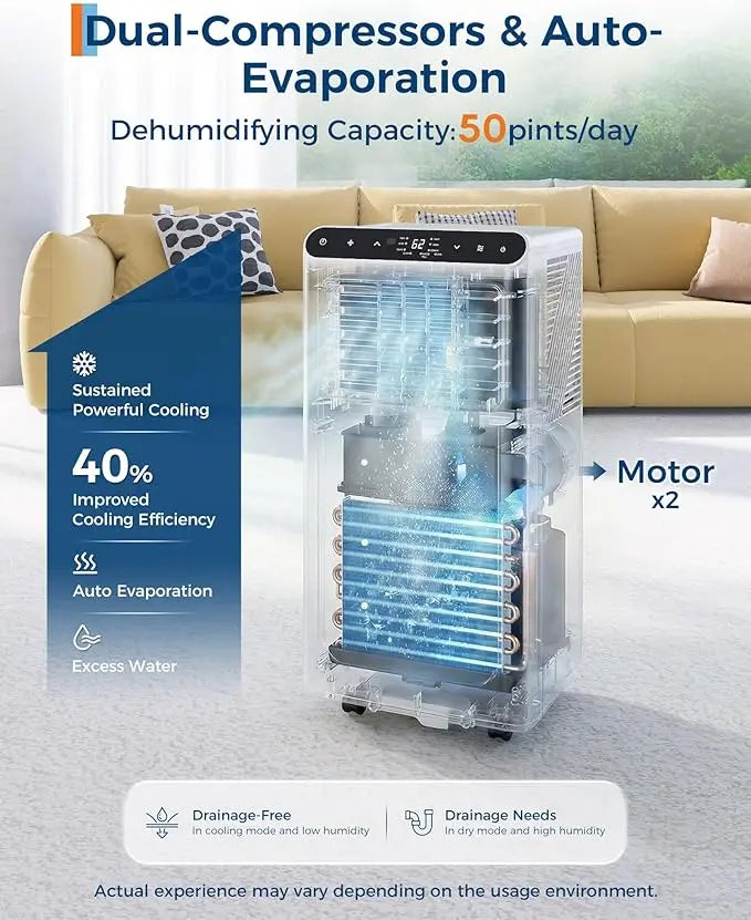 Condizionatore d'Aria Portatile da 8000 BTU, Silenzioso 3-in-1 per Interni con Funzioni di Raffreddamento, Deumidificazione, Timer 24H, Kit Completo per Finestre