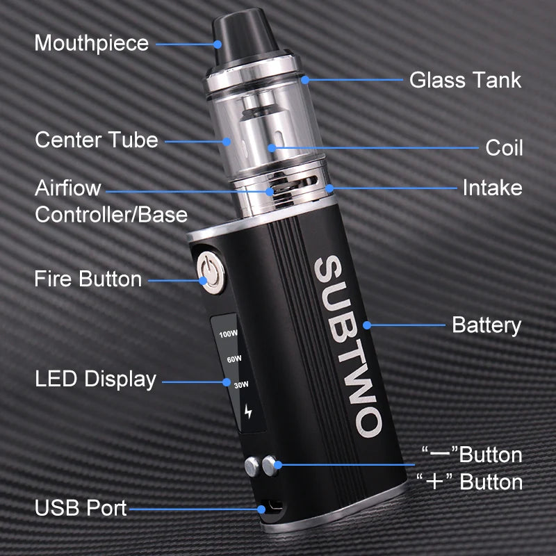 Sigarette elettroniche SUB DUE Kit mod box da 100 W 1800 mAh 30 W/60 W/100 W Regolazione dell'alimentazione con penna Vape atomizzatore flusso d'aria inferiore da 0,3 ohm 2,5 ml