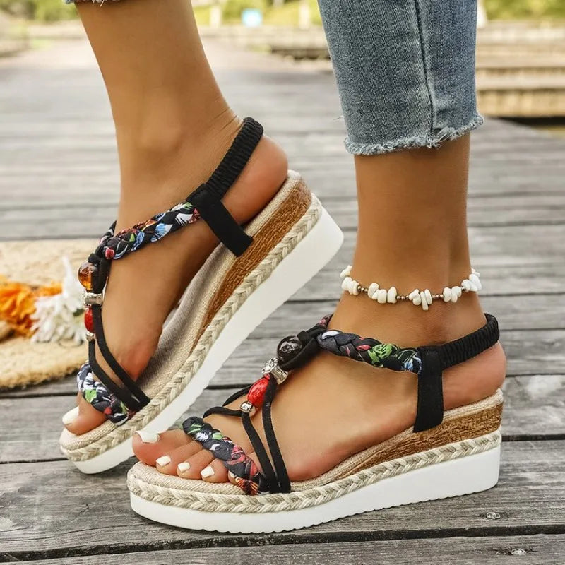 Nuovi Sandali Estivi con Zeppa per Donna, Punta Aperta, Stile Bohémien, Leggeri, Comodi, con Fascia Elastica, Sandali con Tacco Alto e Piattaforma