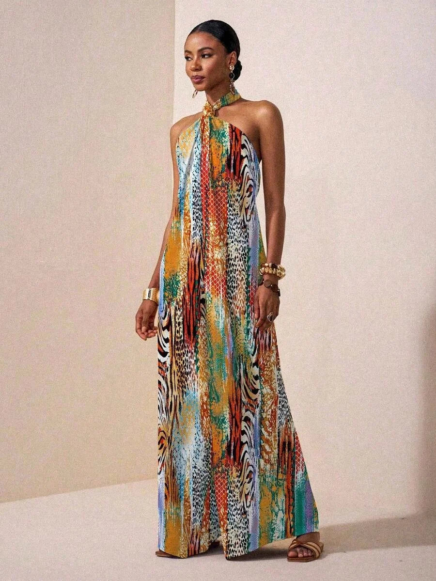 Abito lungo da donna con scollo all'americana e stampa, senza maniche, vestibilità ampia, stile bohémien, casual, per vacanze primaverili ed estive, outfit da spiaggia