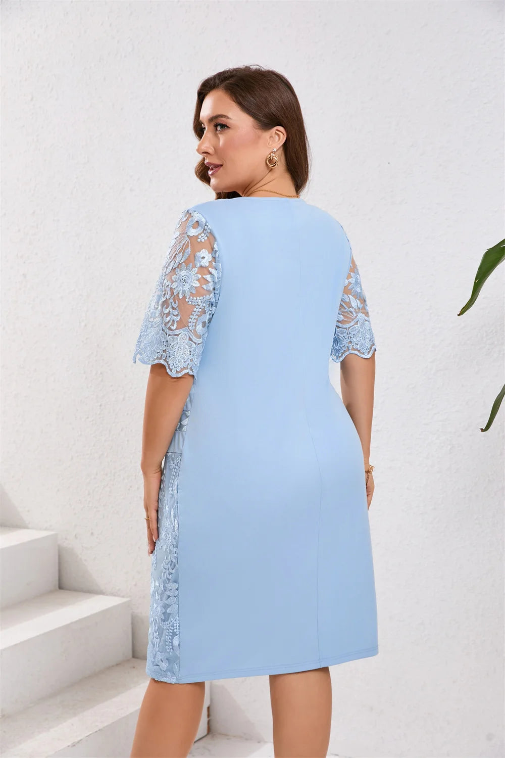 GIBSIE Plus Size Pizzo ricamato Mezza manica O-Collo Abito da donna Estate Autunno Cocktail Party Elegante aderente Abiti longuette