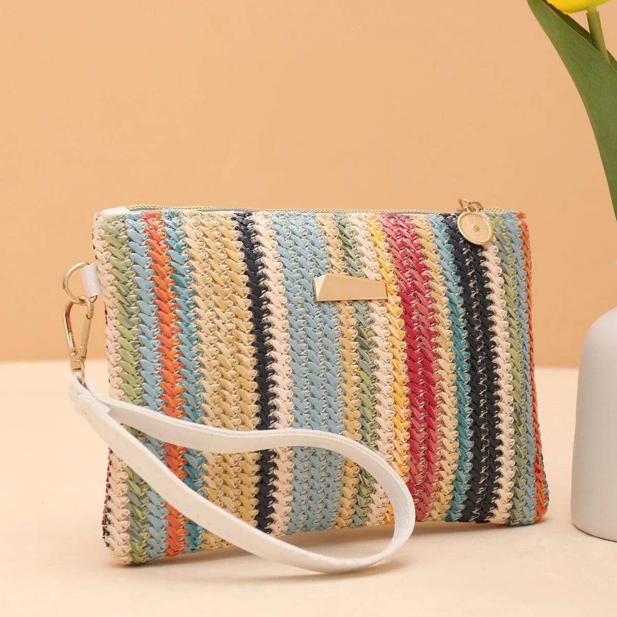 Borsa intrecciata di paglia colorata onda borsa da donna con pochette a scatto borsa da spiaggia estiva borsa intrecciata a mano borsa per cellulare portafoglio femminile