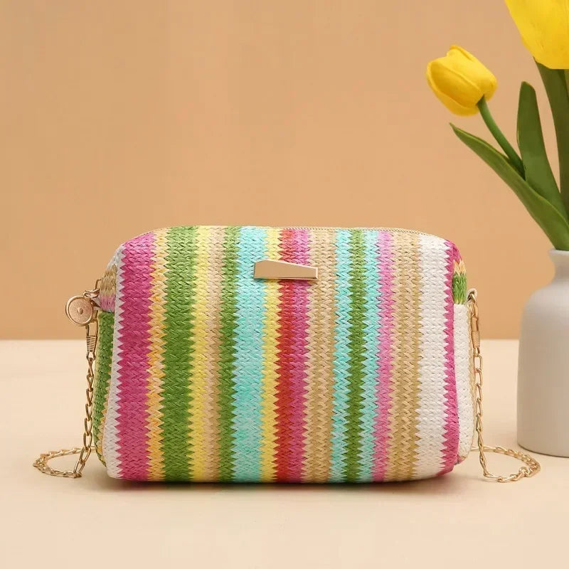 Borsa da donna in paglia lavorata a maglia in rattan Borsa da spiaggia estiva con catena piccola e borsetta Borse a tracolla da donna Borsa con patta dal design da viaggio