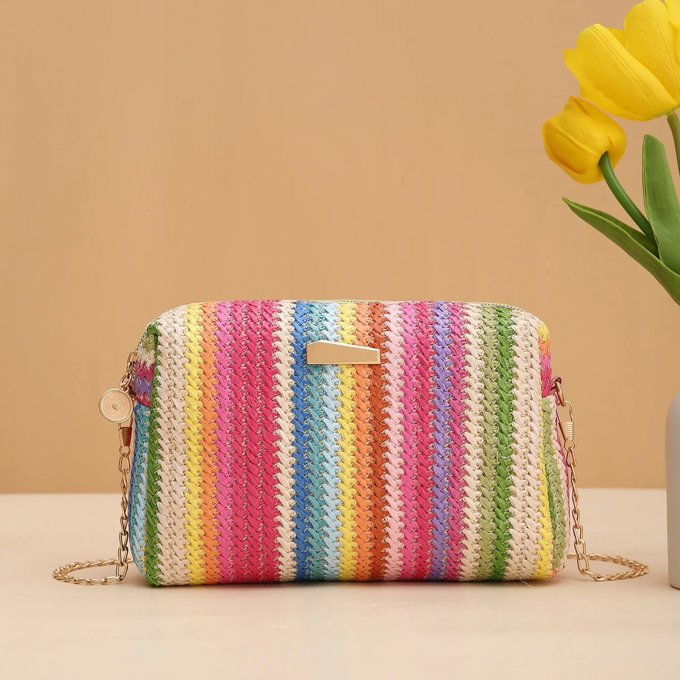 Borsa tessuta erba colorata borsa quadrata intrecciata 2024 borsa a tracolla Versatile per ragazza borsa arcobaleno