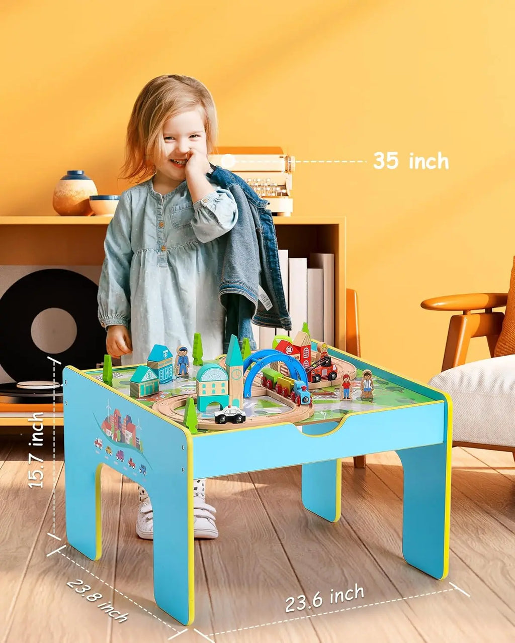 Tavolo da treno in legno, tavolo da attività 2 in 1 per bambini, set di treni in legno con scatola portaoggetti, regalo per bambini piccoli, ragazzi e ragazze
