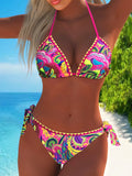 Costume da Bagno Bikini Sexy e Confortevole con Stampa Tropicale, Modello a Tre Punti per Donna, in Tessuto di Poliestere con Imbottitura Senza Supporto in Metallo