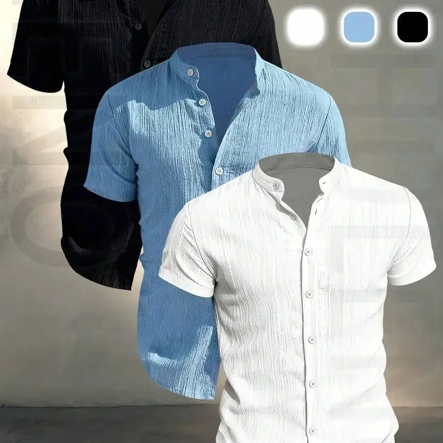3 pezzi di camicie casual da uomo a maniche corte con colletto rialzato, estive, leggere, traspiranti, tinta unita, con bottoni