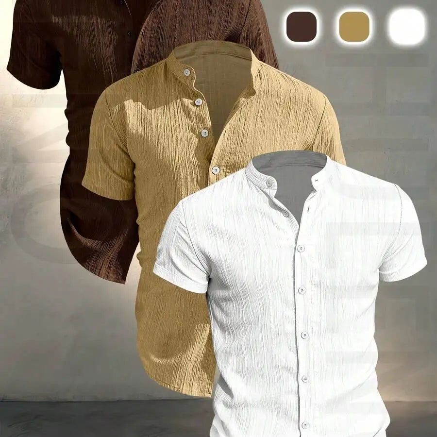 3 pezzi di camicie casual da uomo a maniche corte con colletto rialzato, estive, leggere, traspiranti, tinta unita, con bottoni