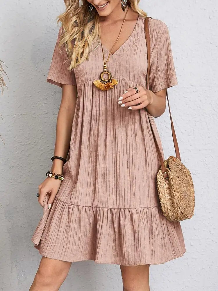 Elegante solido scollo A V A Line Dress 2024 nuova estate Ruffles allentato Mini abito Casual manica corta Beach Party Vestidos Streetwear