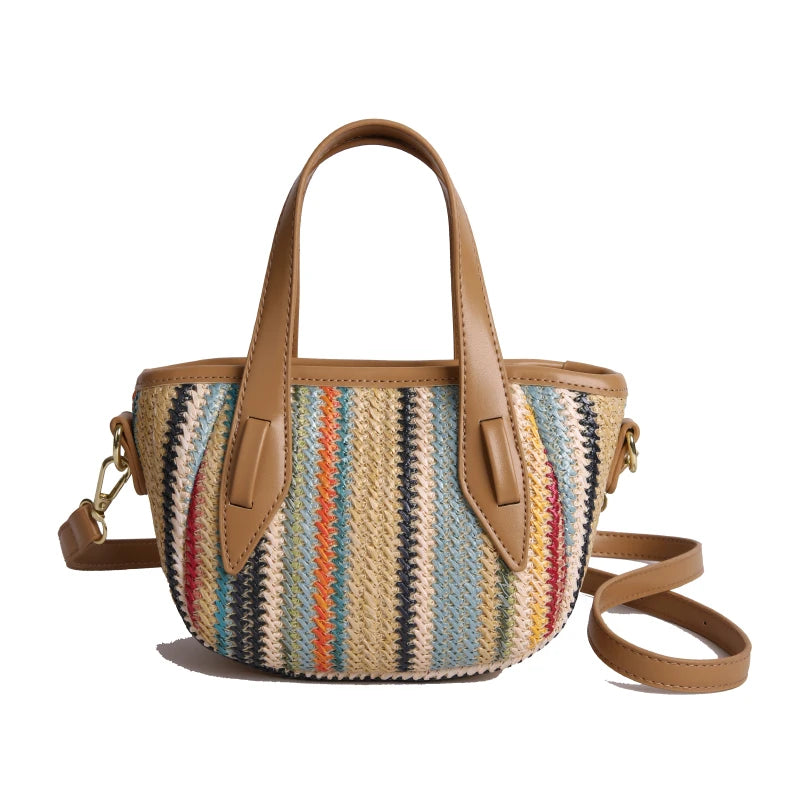 Borsa Mini Tote in Paglia a Righe Bohemien da Donna, Borsa a Tracolla Intrecciata Colorata con Manico Superiore per Viaggi Estivi in Spiaggia