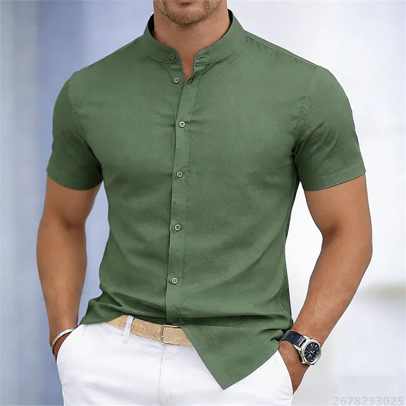 Camicia da uomo a maniche corte con colletto rialzato, bianca o nera, tinta unita, vestibilità slim, top da uomo business casual, taglie XS-6XL.