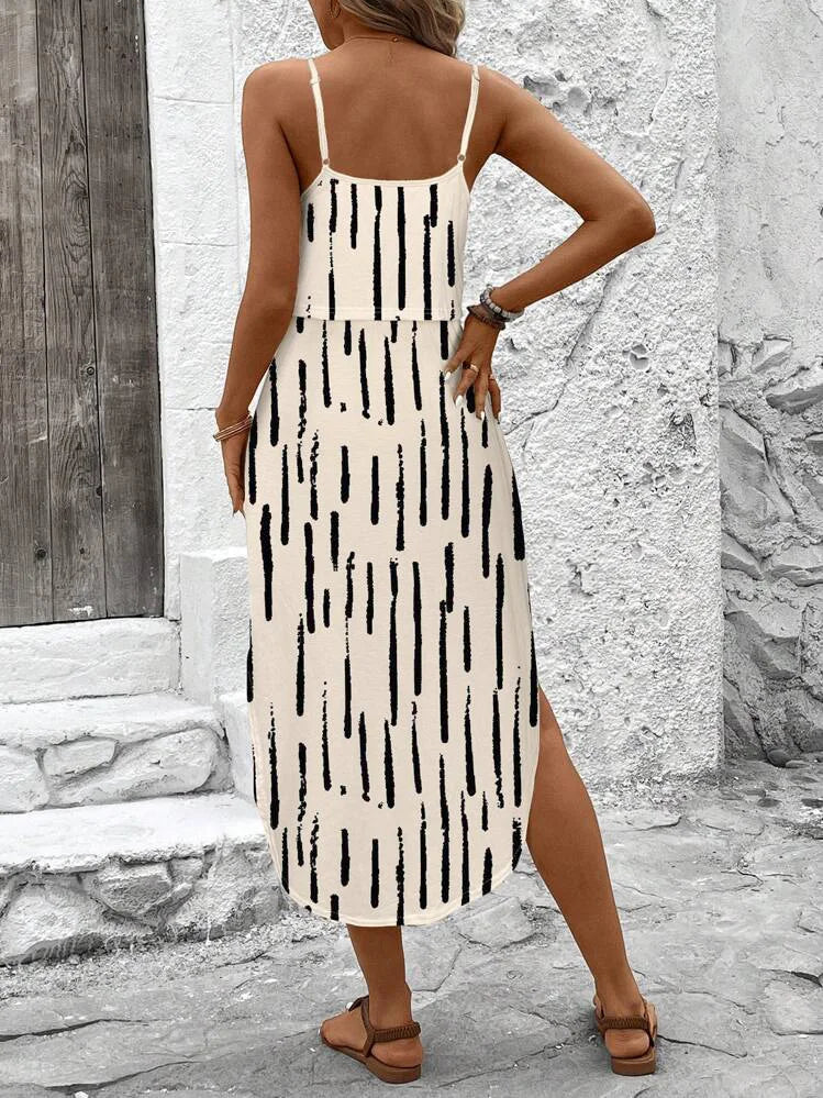 Abito estivo da donna con cinturino spaghetti con cintura e spacco laterale - Abito fluido casual senza maniche