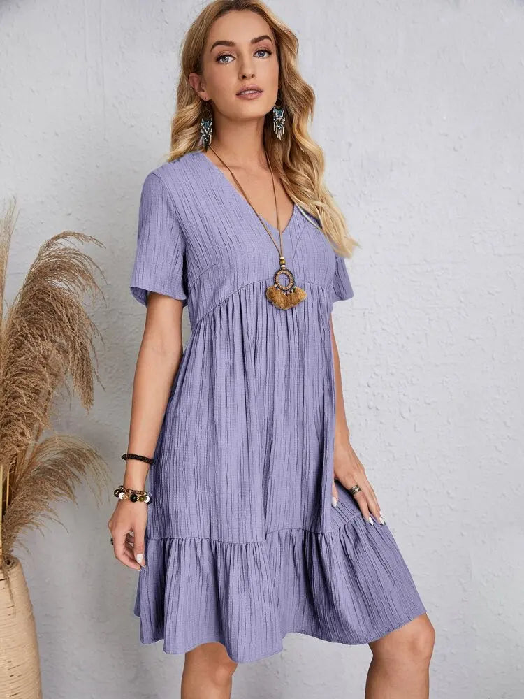 Elegante solido scollo A V A Line Dress 2024 nuova estate Ruffles allentato Mini abito Casual manica corta Beach Party Vestidos Streetwear