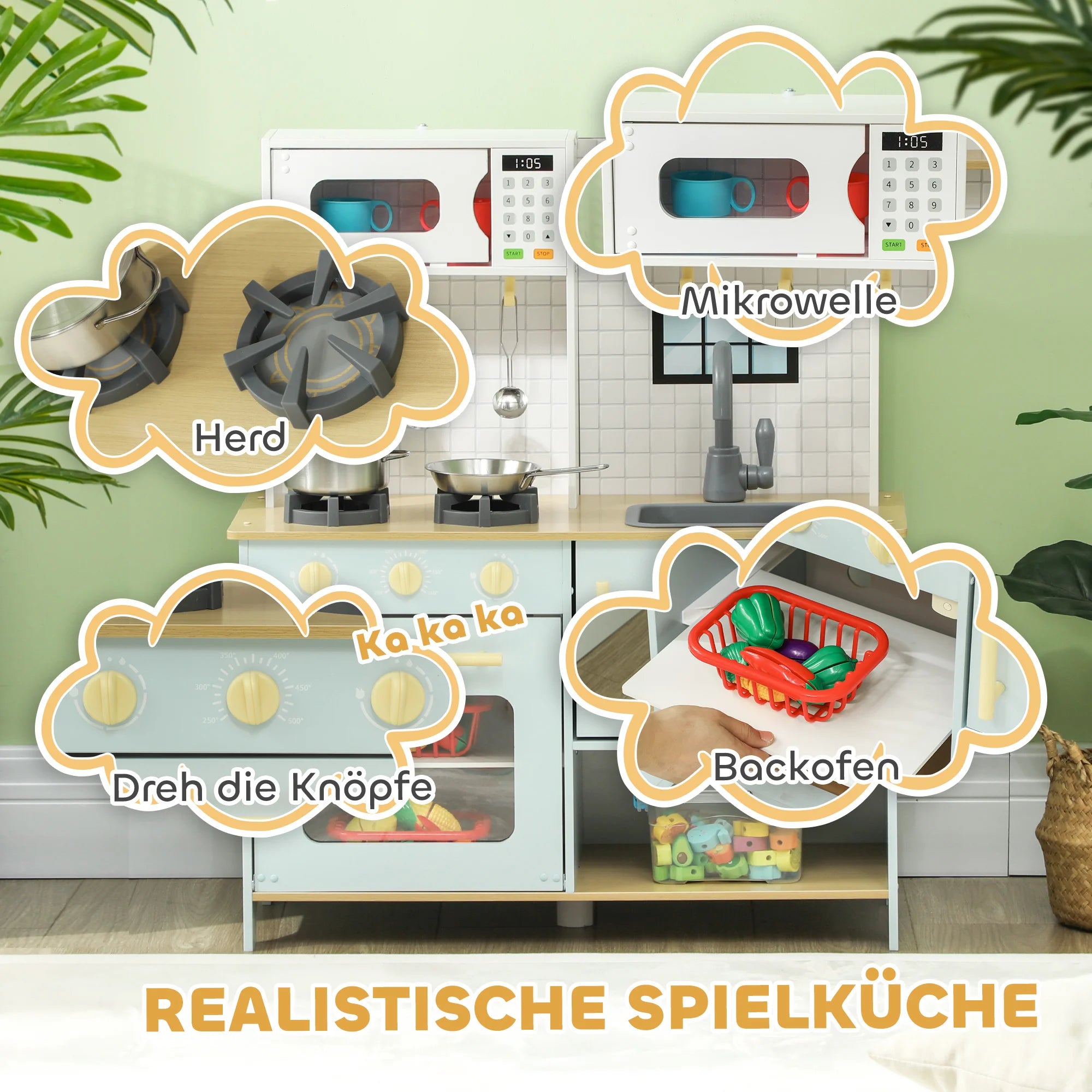 AIYAPLAY cucina per bambini cucina da gioco con forno a microonde, fornello e forno, accessori da cucina