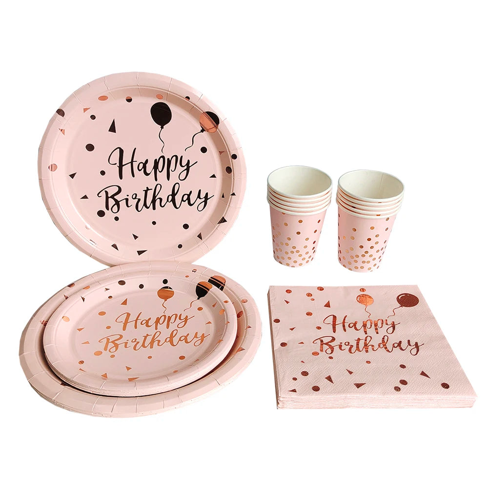 Set di stoviglie usa e getta per compleanno Rosa Oro rosa Piatti bianchi Tazze Tovaglioli Tovaglia Decorazione festa di compleanno per ragazza Baby Shower