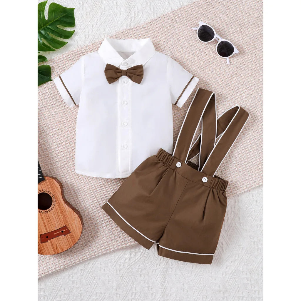 0-3 anni bambino ragazzi formale 2 pezzi set di abbigliamento camicia a maniche corte con papillon con complessivo per bambino ragazzo matrimonio e festa di compleanno vestito