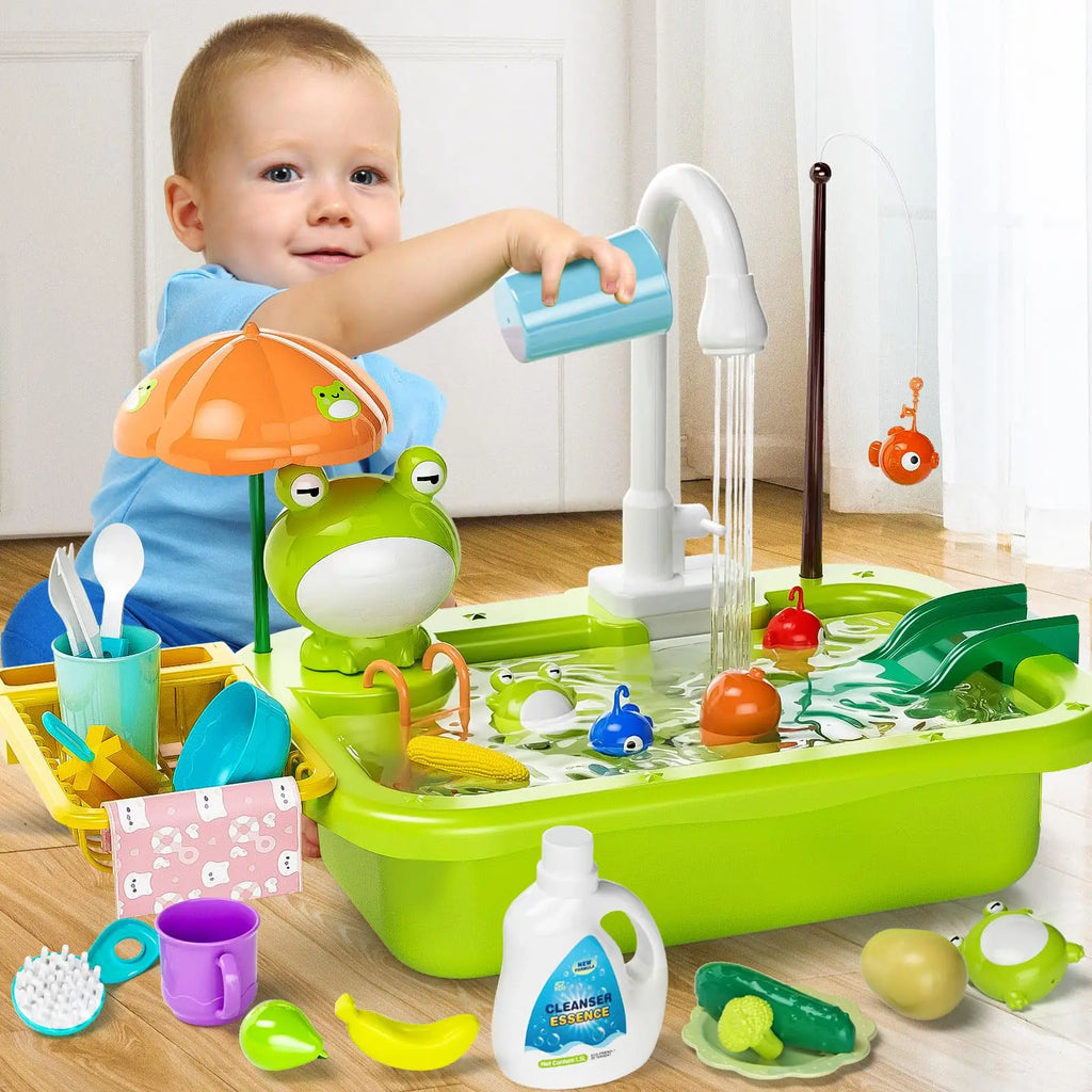 Giocattolo Lavello da Cucina per Bambini, Lavastoviglie Elettrica con Acqua Corrente, Gioco di Imitazione con Cibo e Pesca, Regalo per Bambine