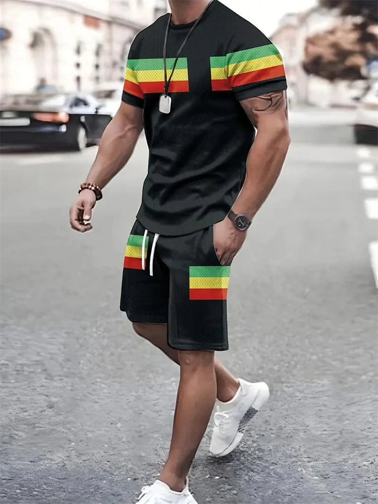 T-shirt a maniche corte con stampa a righe da uomo estiva Pantaloncini in vita elastica Set da 2 pezzi Set di pantaloncini con tasche T-shirt allentata con o-collo taglie forti